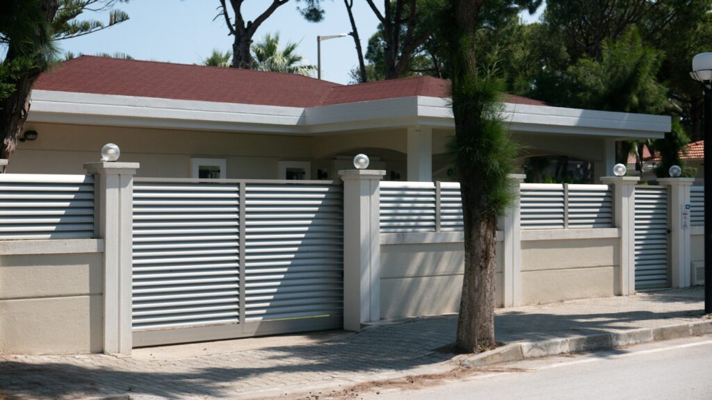 a house with a white fence and a red roof